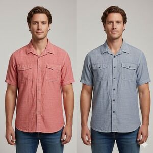 Set 2 Woolrich‎ Men's XXL Red Blue Shirts Short Sleeve, Double Chest Pockets